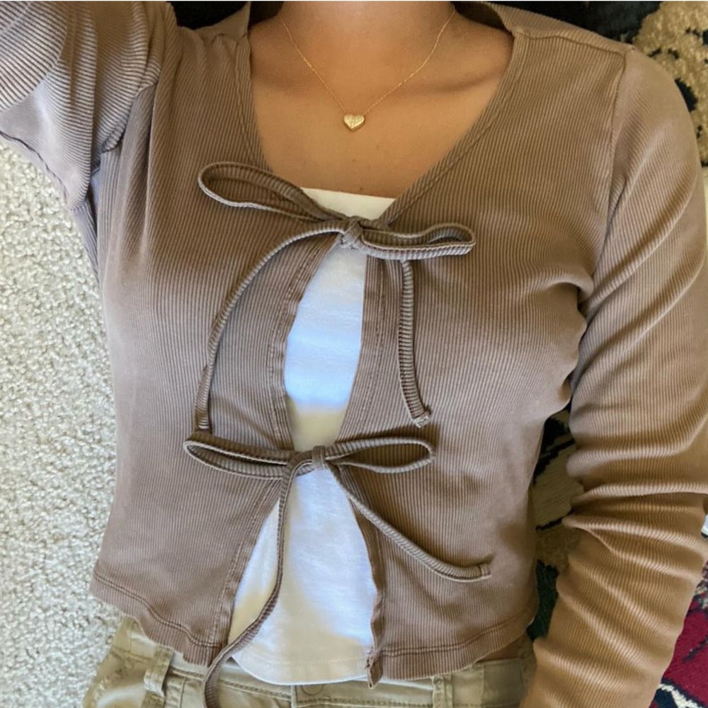 Brown Ribbed Double Tie Long Sleeve